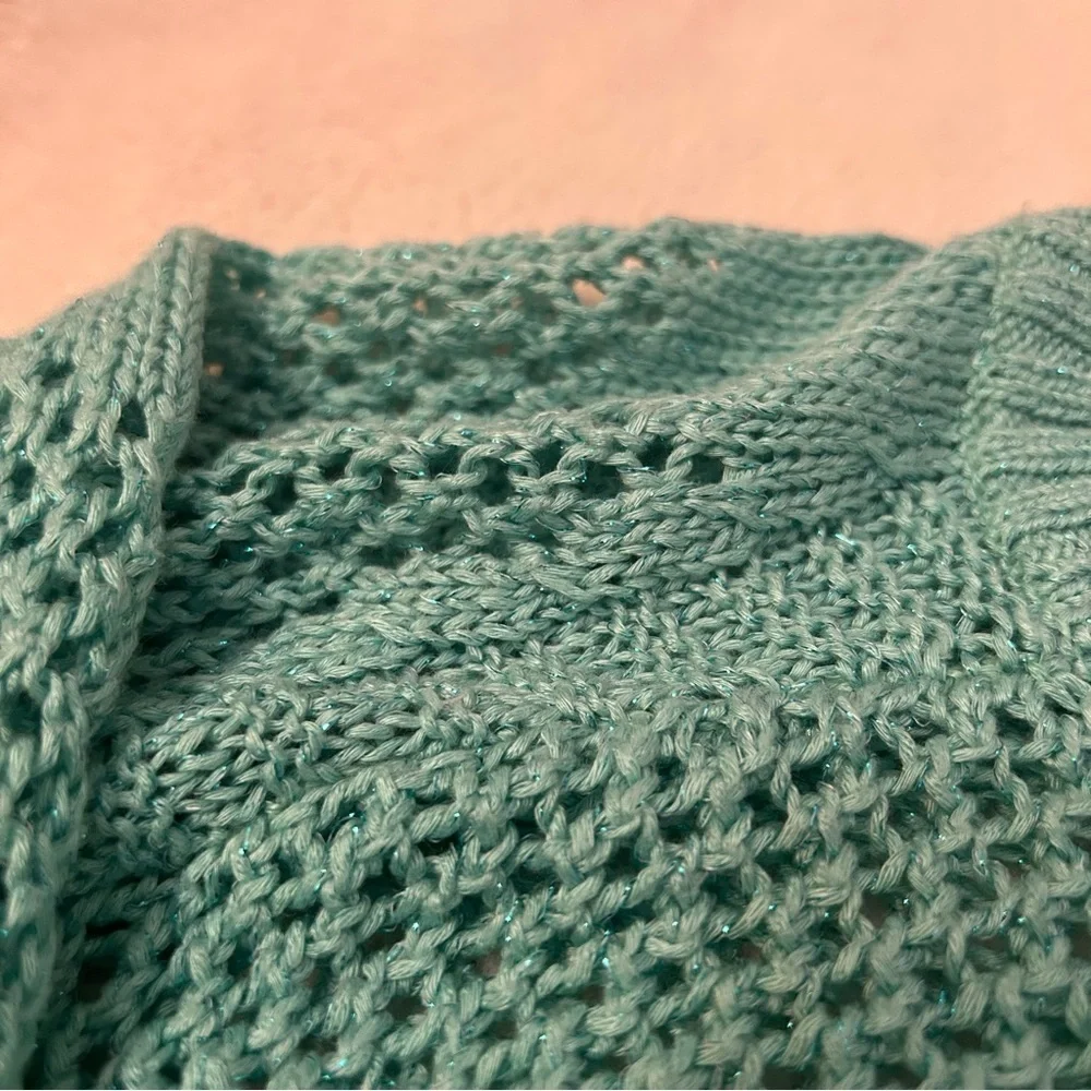 Size 14/16 Teal Shimmery Sweater w/ Hearts B3